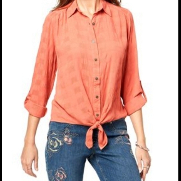 Style & Co Button-up Tie Front Long Sleeve Shirt - Picture 1 of 7